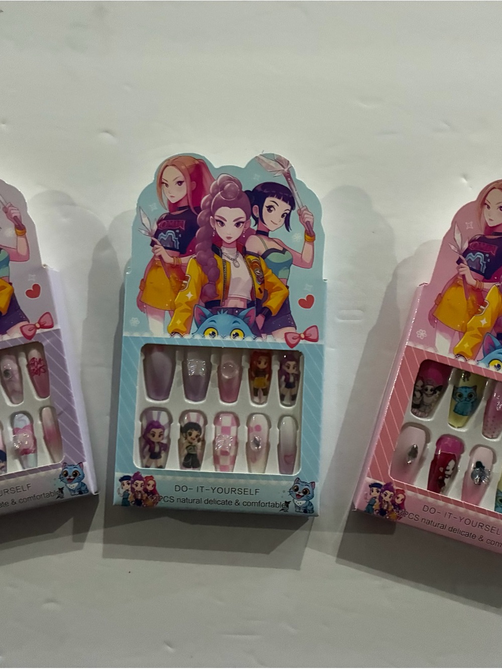 Kids DIY Press-On Nail Set with Pink & Light Blue Character Art